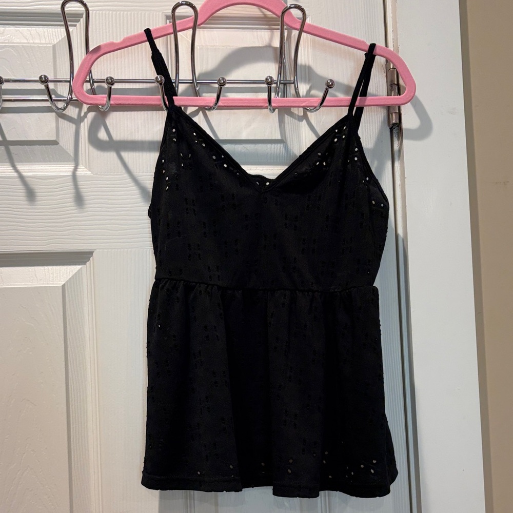 Black Eyelet Spaghetti Strap Peplum Tank Top